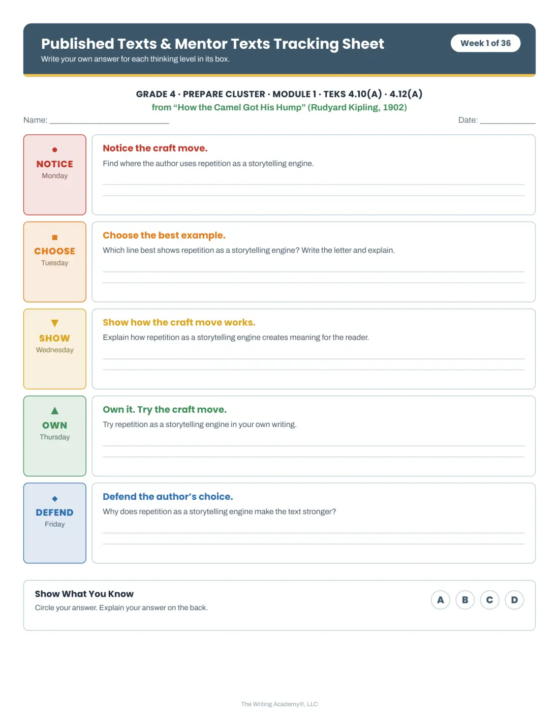 Student tracking sheet for a weekly slide deck