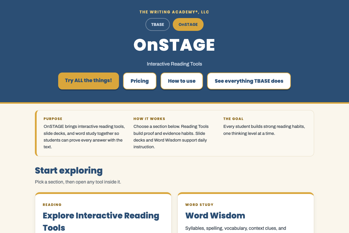 The OnSTAGE hub page showing Reading Tools, Word Wisdom, Reading Slide Decks, and Teach by TEKS sections