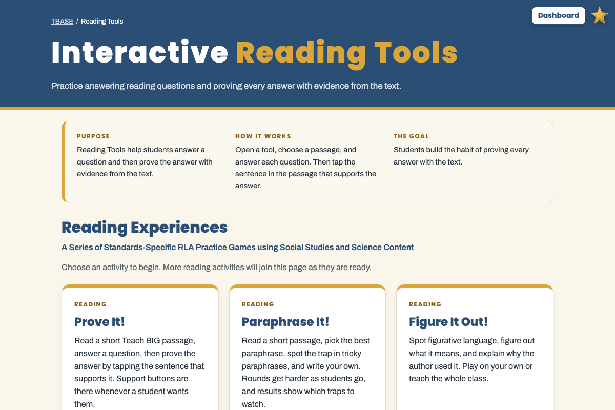 The Reading Tools hub page listing Prove It, Paraphrase It, Figure It Out, and Prosody Marks