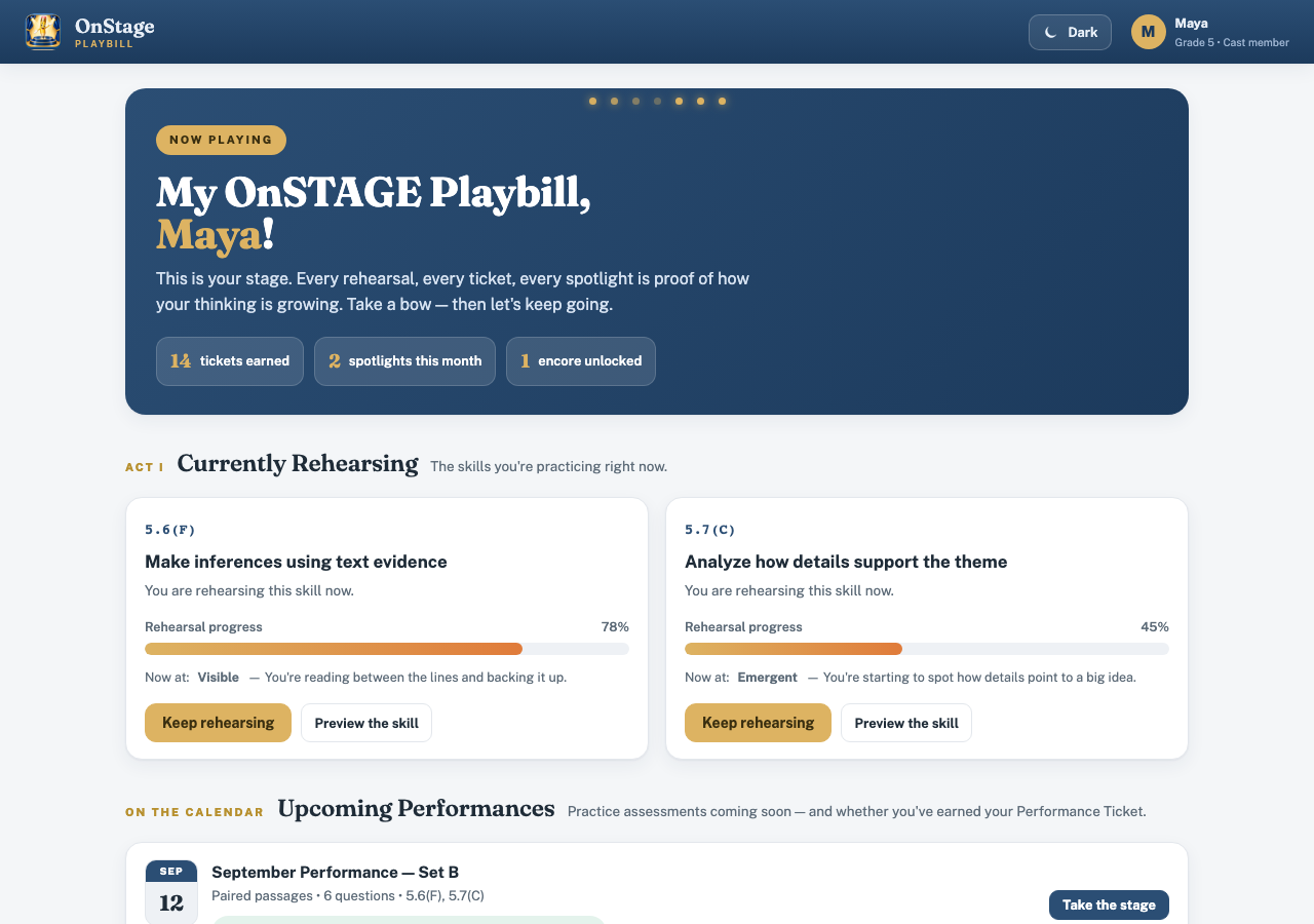 OnSTAGE playbill student dashboard with upcoming performances and ticket book