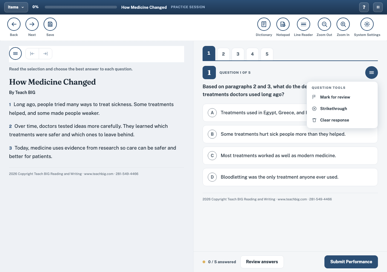 OnSTAGE question tools menu open showing mark for review and eliminate mode
