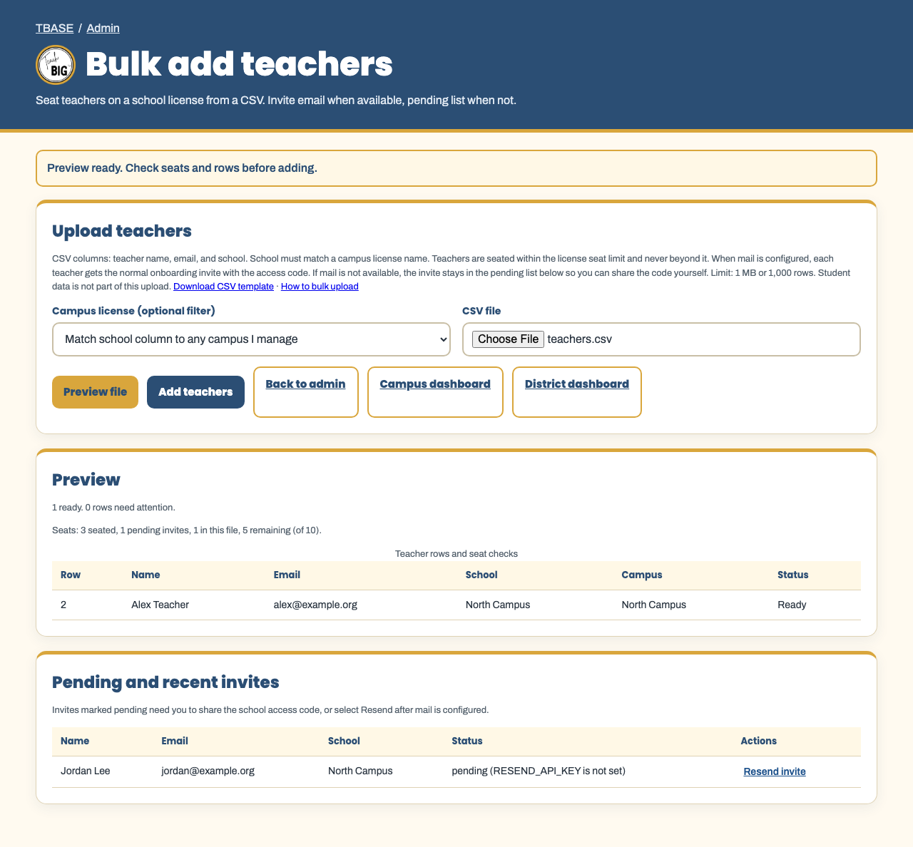 Bulk add teachers page with CSV preview and seat summary