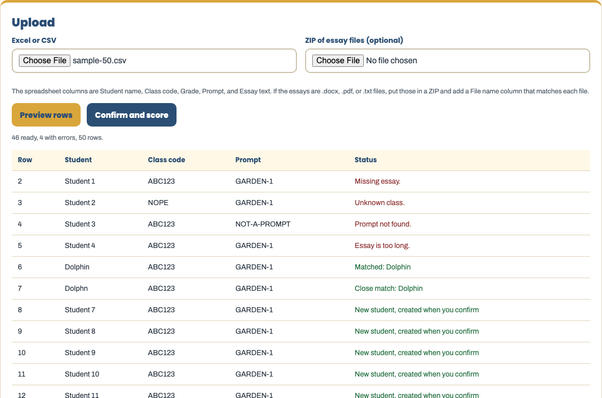 Preview table with row errors and matched students