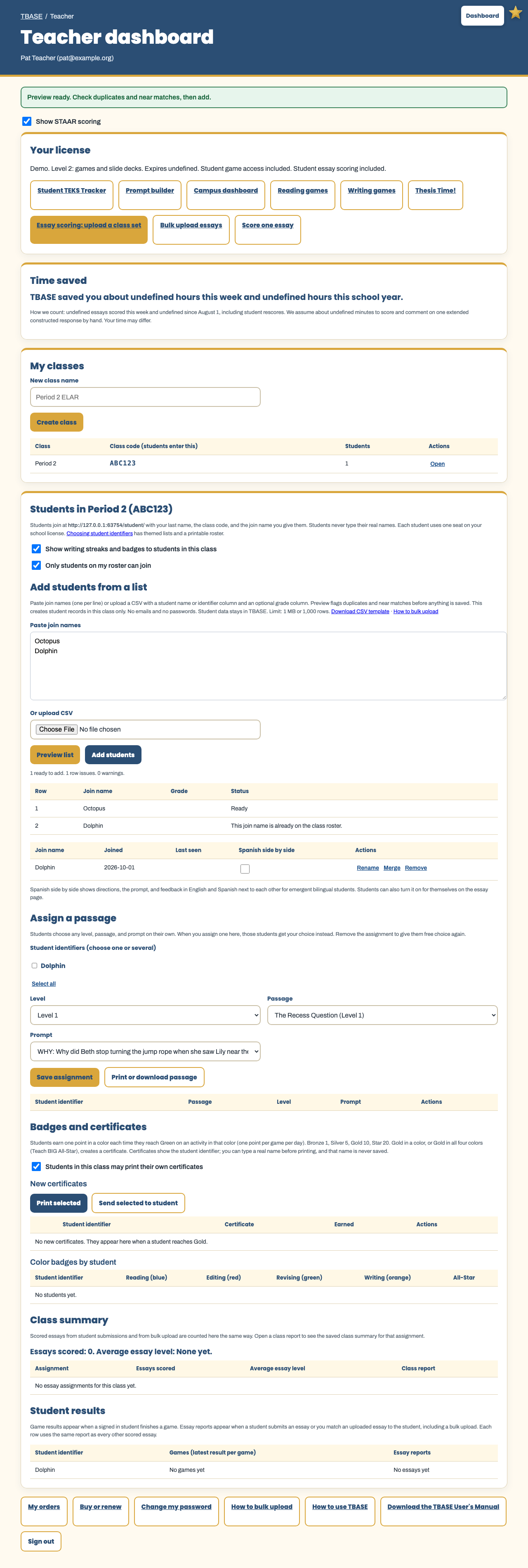 Teacher dashboard showing Add students from a list with a preview table